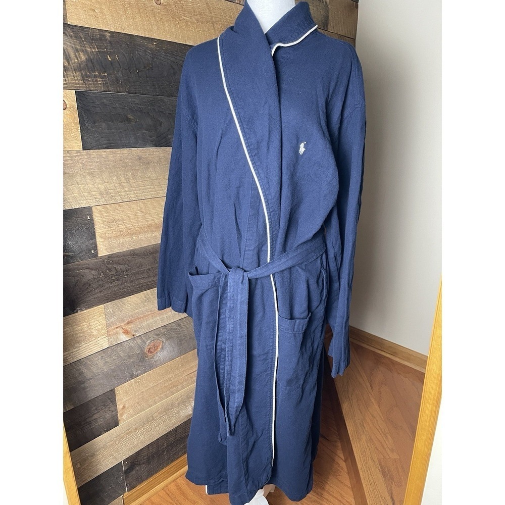 POLO RALPH LAUREN Mens VTG Cotton ROBE, Size S/M, Navy Blue White Piping